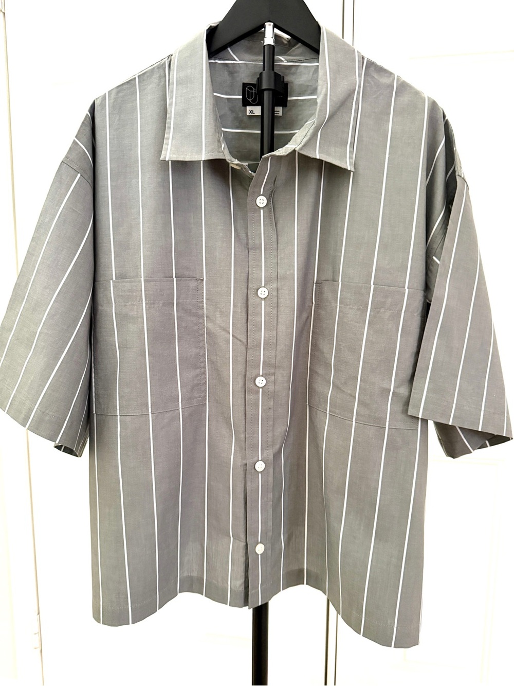 Original Use Boxy Fit Drop Shoulder Striped Short Sleeve Button-Up Shirt Men XL